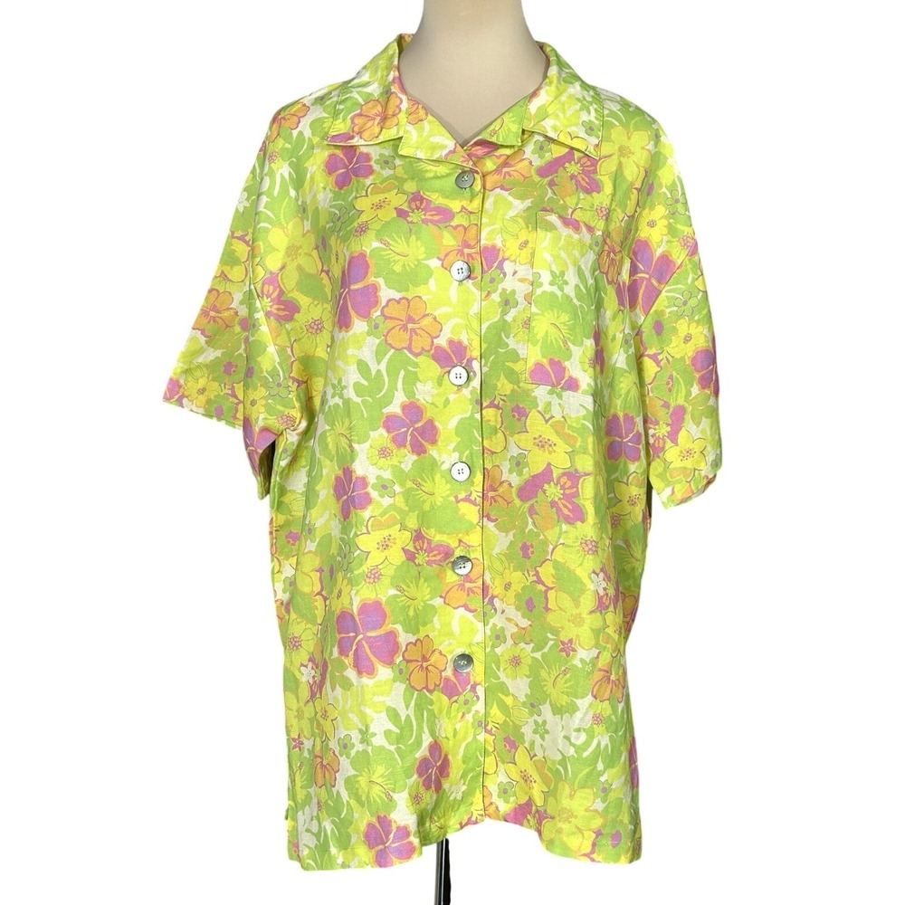 Vintage Kulani Kinis Vibrant Neon Floral Tropical Hawaiian Aloha Shirt Medium